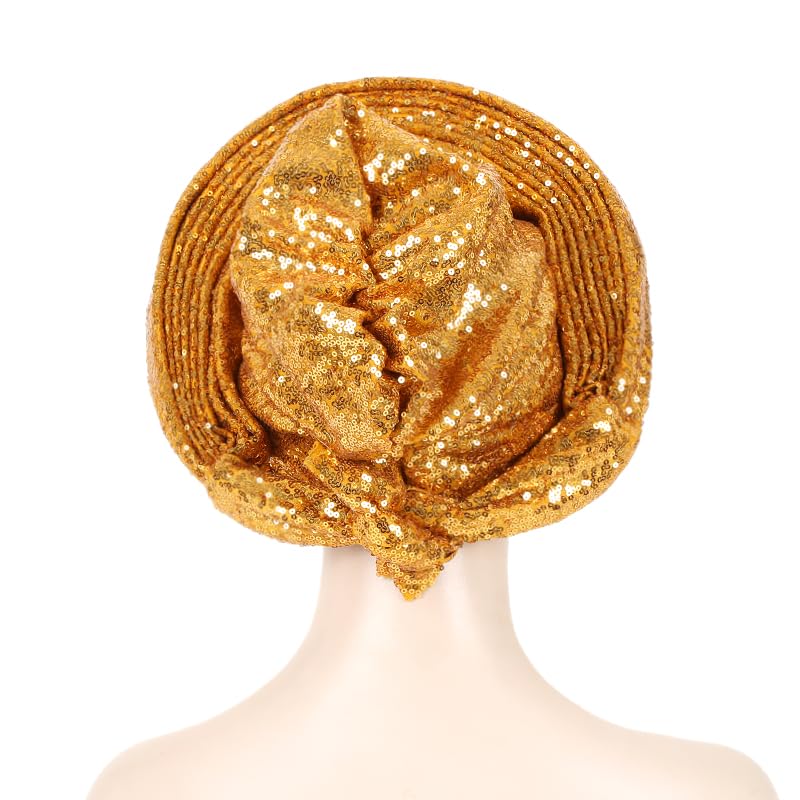 African Ladies Headscarf with Sequins and Shiny Auto Gele Head Tie - Gold Pack of 1