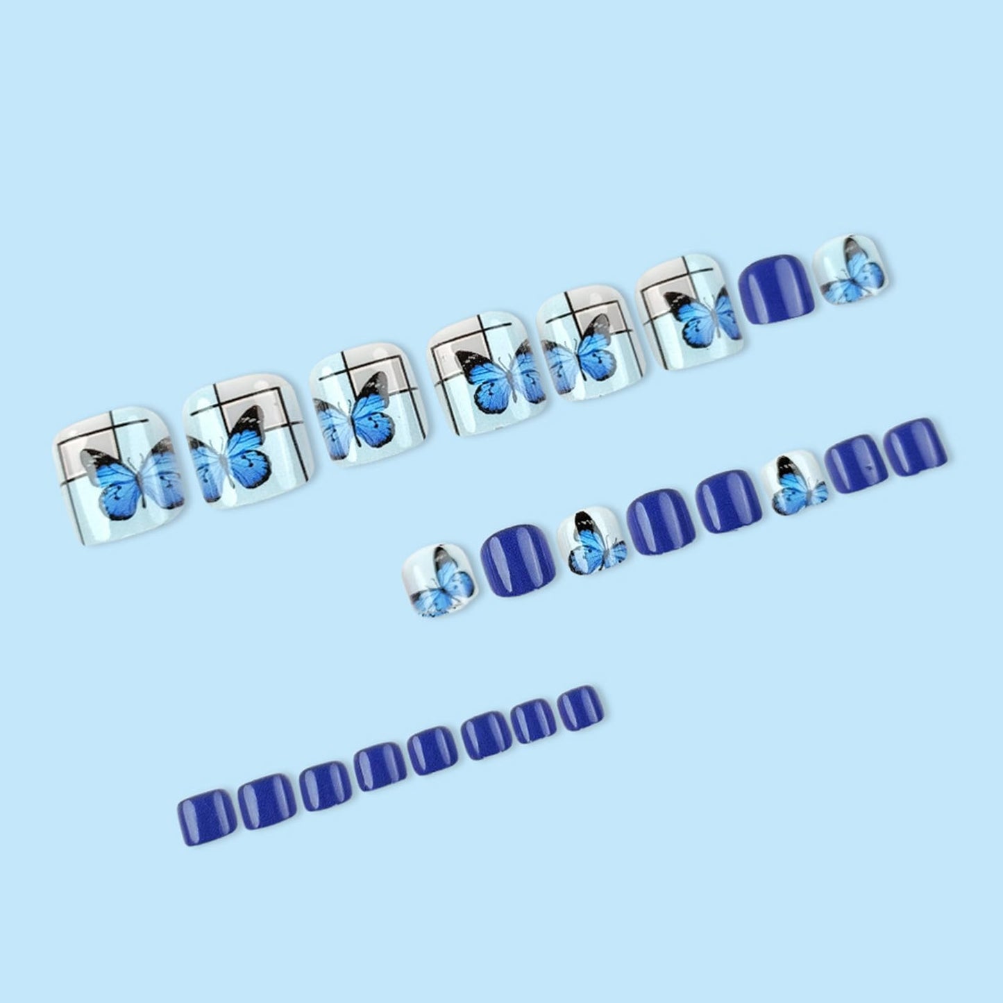 Dark Blue Press on Toenails Short Square Fake Toe Nails Blue Butterfly False Toenails Acrylic Toe Nail Press ons Gel Glue on Toe Nails Summer Toenail Press on Nails for Coquette Women 24Pcs