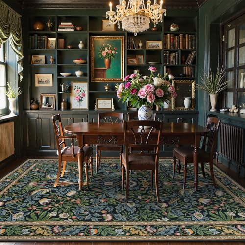 Beeiva Vintage Botanical Bird 8x10 Washable Rug Dark Green & Blue Non-Slip Large Carpet for Living Room & Bedroom