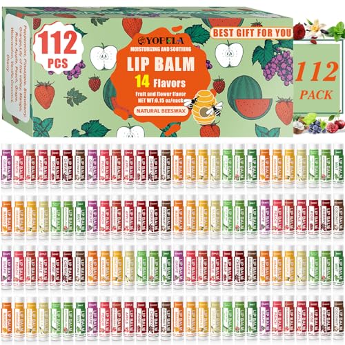 112 Pack Natural Lip Balm Bulk Set with Vitamin E & Coconut Oil - 14 Flavors, Moisturizing & Soothing