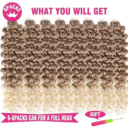 Union Beauty 8 Pack Water Wave Crochet Hair 18 Inch Ombre Blonde Synthetic Curl Extensions for Women T27/613