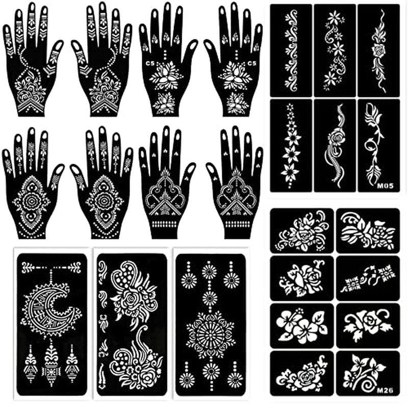 229pcs Henna Tattoo Stencils, 19 Sheets Temporary Tattoo Stencils for Women Face Body Paint DIY Art Glitter Airbrush Tattoo Pack