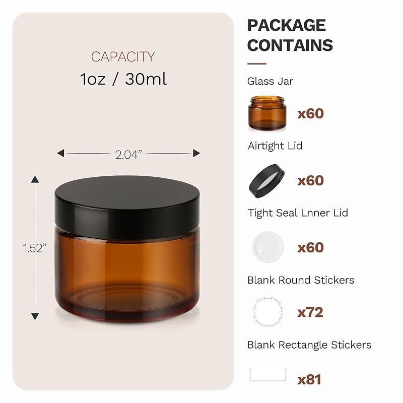 Amber Glass Jars with Lids - 60 Pack, 1 oz, Sample Cosmetic Containers
