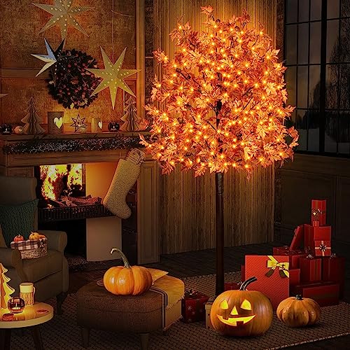 TiYiViRi 7FT 170 LED Lighted Maple Tree Fall Decor with Remote & 8 Modes - Indoor Outdoor Thanksgiving Halloween Party Autumn Tree (Variation: 7ft-170led-1pack)