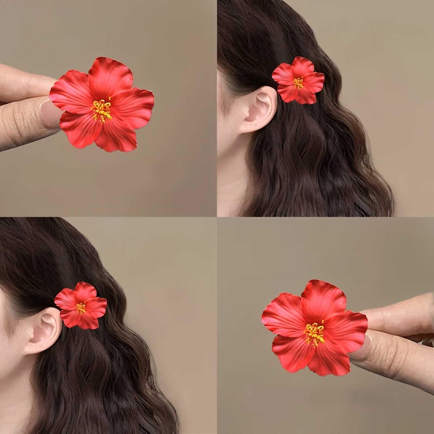 SOFISO 3Pcs Hawaiian Flower Hair Clips for Women 3.5 Inch Artificial Flower Clips Plumeria Hibiscus Hair Clip Beach Vacation Party Boho Hair Accessories for Women Girls(Red Purple and Rose Red)