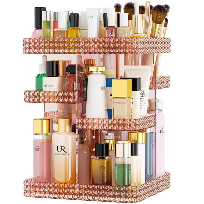 Famitree Pink Rotating Makeup Organizer with 6 Adjustable Layers - 360° Spin Vanity Storage