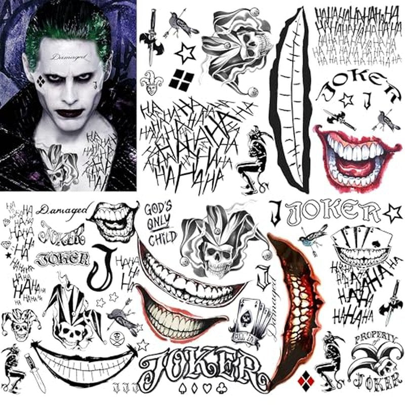 5 Sheets 3D Joker Tattoos Hand Halloween Makeup Kit, Prison Ghost Clown Damaged Joker Face Tattoo For Men Women Adults, Scary Prisoner Fake Temporary Tattoo Stickers Halloween Accessory Costume
