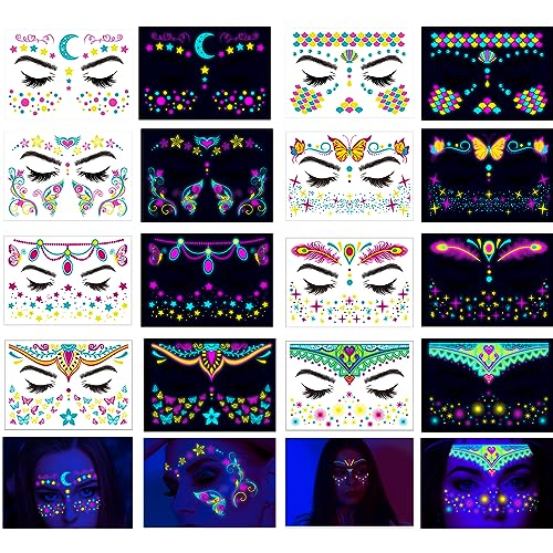 Neon Face Tattoos Glow in The Dark Temporary Tattoos,UV Blacklight Tattoos Stickers Body Face Flowers Butterfly Tattoo for Glow Party Makeup Supplies Favors