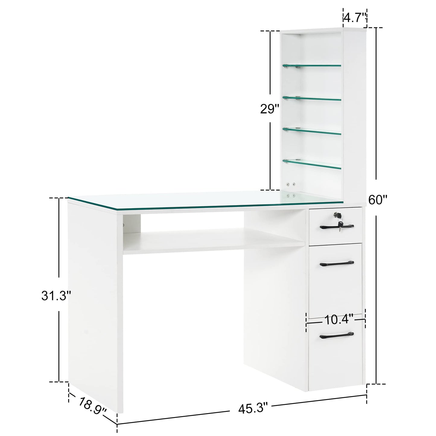 BarberPub Manicure Table with Drawers, Storage Shelves Spa Beauty Salon Station Nail Desk 2673, 45*60*19 inch (White)