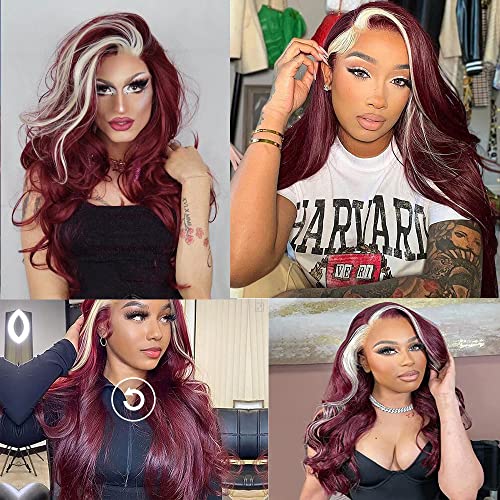 Multicolored Blonde and Wine Red Synthetic Lace Front Wig - Long Body Wave, Heat Resistant, Glueless, Halloween Cosplay