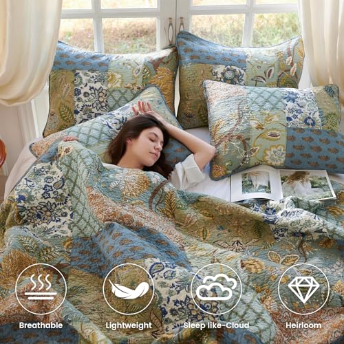 King Size Cotton Comforter Set - Sage Patchwork Reversible Bedding with 2 Pillow Shams, 96x108 Inches