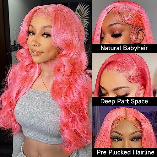 Pink 13x4 Body Wave Lace Front Wig Human Hair 22 Inch - Dyed Brazilian Virgin