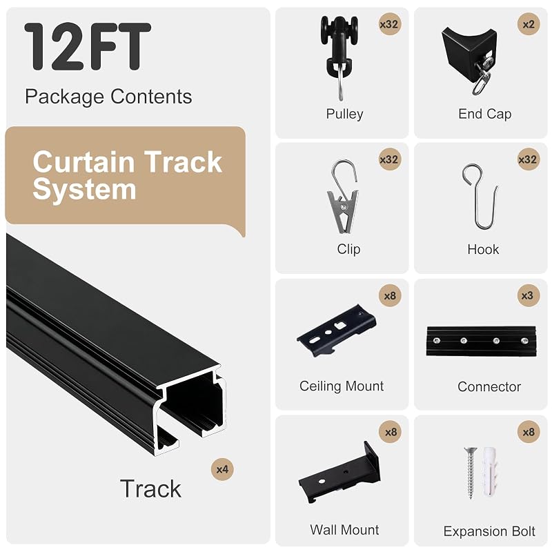 Ceiling Curtain Track System 9ft-12ft, Heavy Duty Wall/Ceiling Mount with Hooks & Clips - Black (Variation: Black+9ft - 12ft)