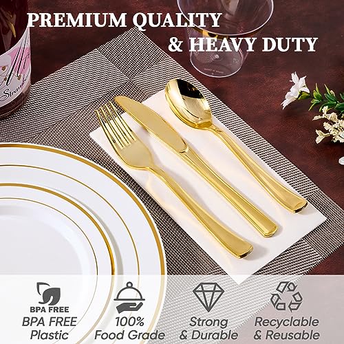 Disposable Dinnerware Set for 100 Guests - Gold Plastic Plates Cups Cutlery - Gold Dinnerware Set