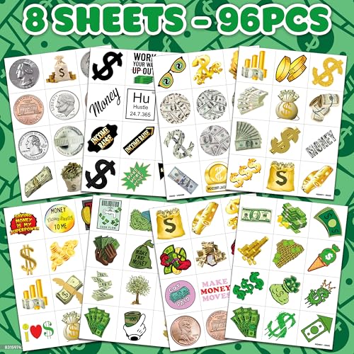 96 PCS Fun Money Pre-Cut Temporary Tattoos for Kids Theme Birthday Party Decorations Supplies Favors Decor, Cute Money Jar Stickers Tattoo Gifts for Boys Girls School Prizes Carnival