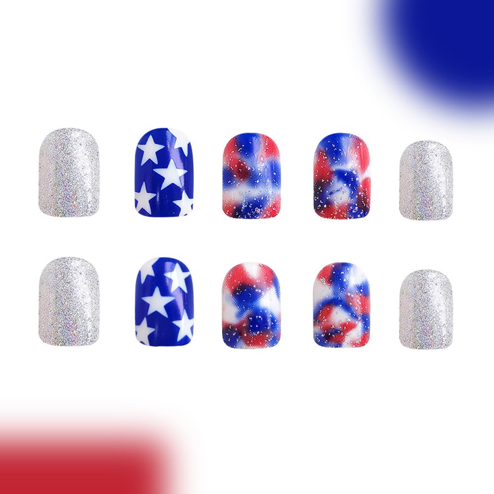 4th of July Press On Nails Extra Short Square,YEFIUO White Blue Smudge Fake Nails Press ons Nail Art Tip Acrylic Nail Kit Glue on Nails Full Cover False Nails with Silver Glitter Design for Ma'am