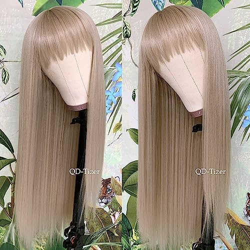 Ash Blonde Synthetic Wig with Bangs - Long Straight Hair, No Glue, 24 Inch