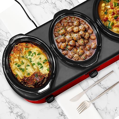 Elite Gourmet Triple Slow Cooker Buffet Set - 3 x 2.5 Qt Red with Removable Stoneware