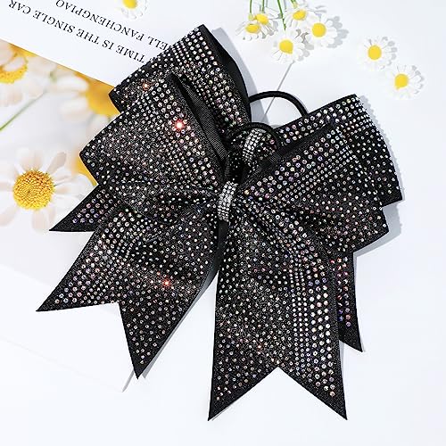 Cheerleader Hair Bows Set - Glitter Black with Rhinestones - 8 Inch, 6 Pack