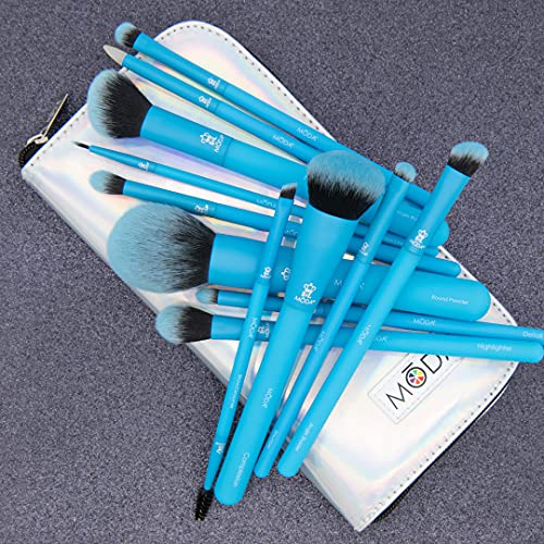 MODA Totally Electric Neon Blue Full Face Makeup Brush Kit ? 13pc Vibrant Brush Set for Face & Eyes with Zip Case