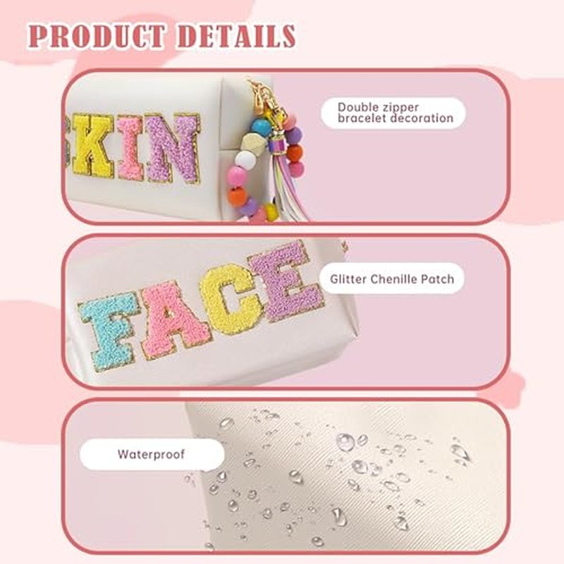 2 Preppy Patch Makeup Bag Chenille Letters Cosmetic Bag Personalized Initial Cute Face Skin Pu Leather Portable Waterproof Toiletry Bag with Keychain Travel Make up Bag for Women Teen Girls