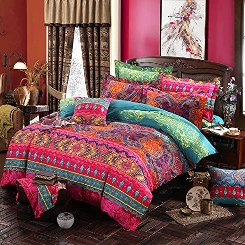Boho Queen Duvet Cover Set with Pillowshams - Reversible Mandala Print, Red & Teal, 100% Cotton, Dark Red Variation