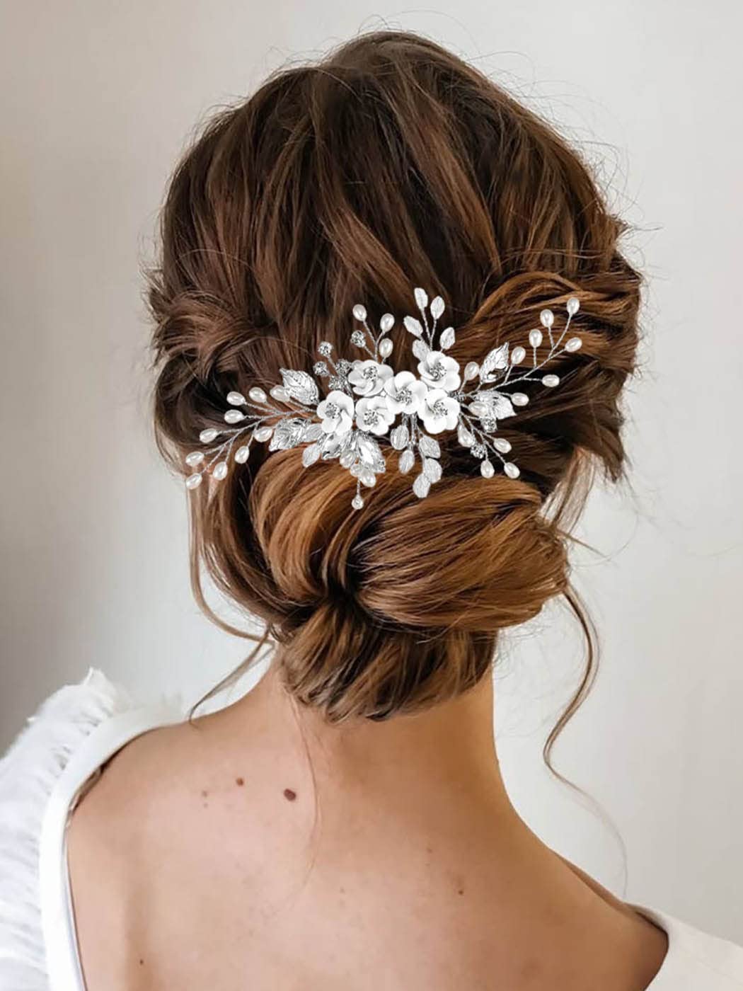 Unicra Flower Bride Wedding Hair Comb Leaf Silver Bridal Headpiece Pearl Hair Accessories Crystal Hair Piece Jewelry for Women and Girls (A Silver)