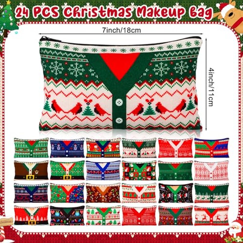 24 Pcs Christmas Makeup Bags Bulk Cosmetic Bags 7 x 4.33 Inches Zipper Portable Pouch Purses Gifts for Women Holiday Travel Xmas Party Supply(Ugly Sweater)