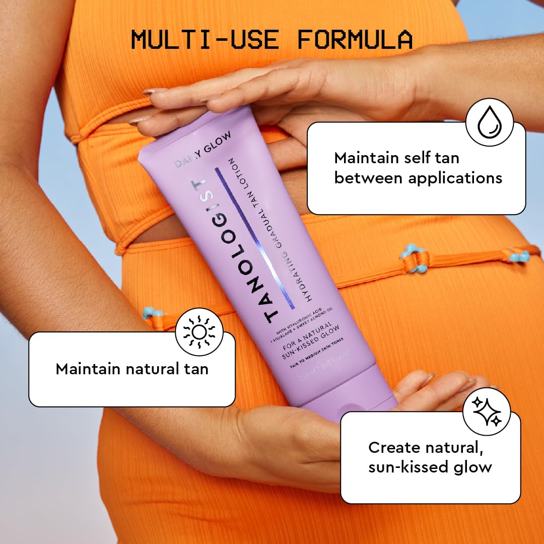 Tanologist Hydrating Daily Glow Body Lotion- Medium/Dark, Gradual Tanning Lotion, No Fake Tan Smell, Streak-Free & Natural Looking Self Tanner, Moisturizing, Vegan, 8.45 fl. oz/250 ml Tube