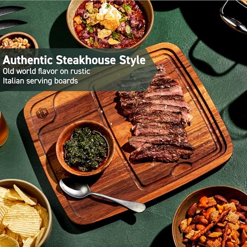 4-Piece Wooden Steak Plate Set with Juice Grooves and Sections