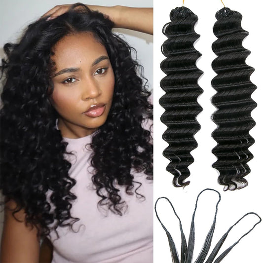 Ssawhair Deep Wave Crochet Human Hair Knotless Pre-Separated Deep Curly Human Hair With String Pre-Looped Reusable Feather Crochet Hair Extensions 20Inch 60g 50Strands