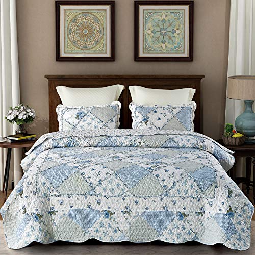 Oversized King Quilt Set 128x120 Blue Floral Patchwork Bedspread & Pillowcases