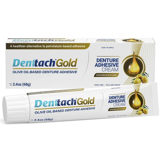 Denttach Gold Denture Adhesive, Petroleum Free Olive Oil Based Premium Denture Adhesive Cream for Full and Partial Dentures, All Day Secure Hold Denture Glue, Zinc Free, 2.4 Ounce