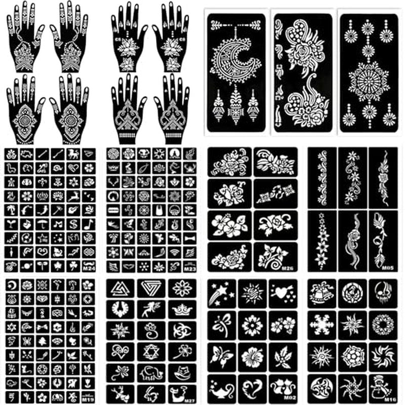 229pcs Henna Tattoo Stencils, 19 Sheets Temporary Tattoo Stencils for Women Face Body Paint DIY Art Glitter Airbrush Tattoo Pack