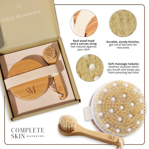 CSM Dry Brushing Body Brush Set- Natural Bristle Body Brush, Exfoliating Face Brush for Soft Skin: Kit contains 1 Dry Brush for Face + 1 Body Brush for Lymphatic Drainage, Cellulite, and Circulation