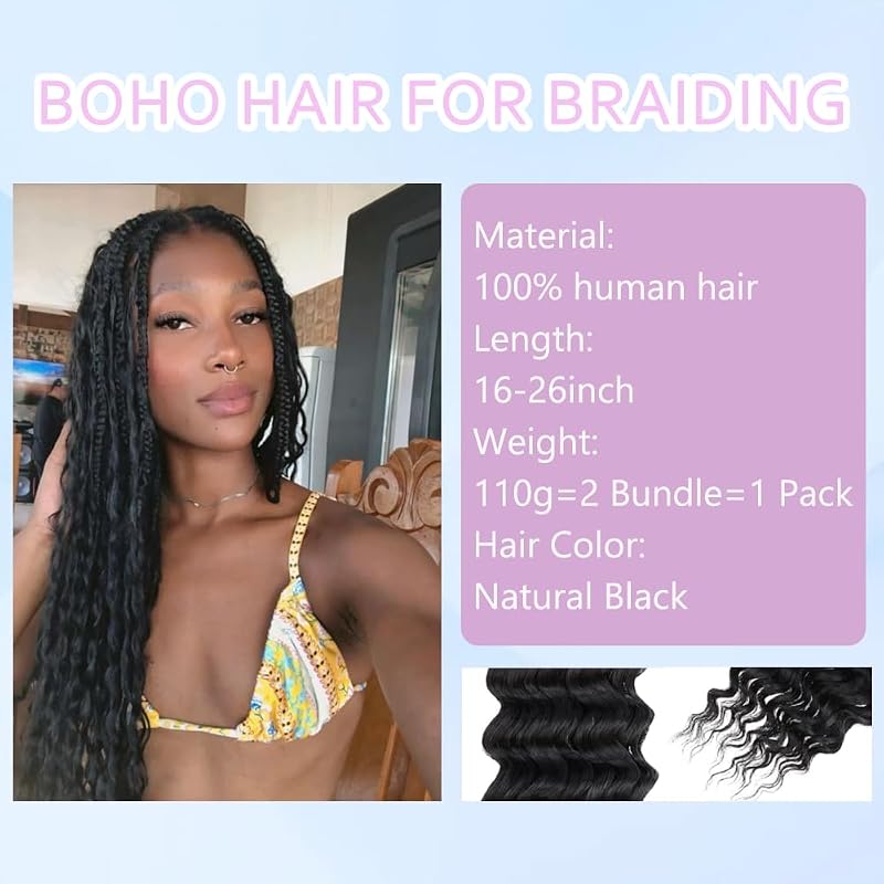 18 Inch Virgin Human Hair Bundles Water Wave 110g 2 Bundles No Weft Boho Braiding Hair Natural Color - variation: natural black+18