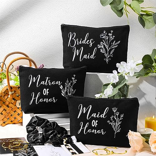 Cunno 48 Pcs 8 Sets Bridesmaid Proposal Gifts Bulk Wedding Will You Be My Maid of Honor Matron of Honor Bridal Shower Makeup Bags Scrunchies Bracelets Cards for Wedding Bridesmaids(Black)