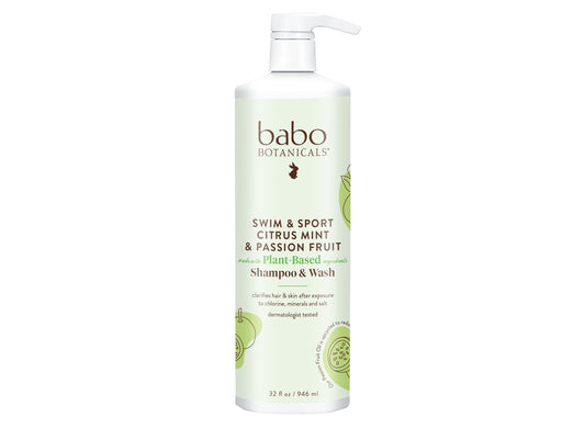 BABO BOTANICALS Swim & Sport Citrus Mint & Passion Fruit Shampoo & Wash - Purifying Cleanser for hair & body- Removes chlorine & sweat - For all ages - Scented with Citrus & Peppermint - 32 oz