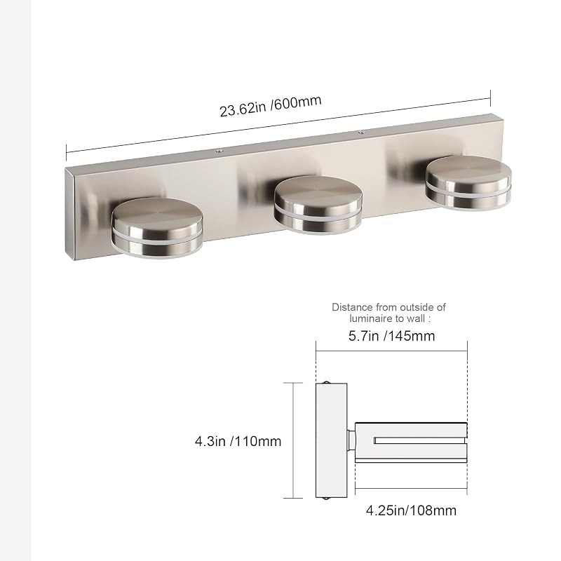 Dimmable 24in Brushed Nickel Vanity Light — 3-Light Over Mirror, 5500K LED, 350° Rotating Heads