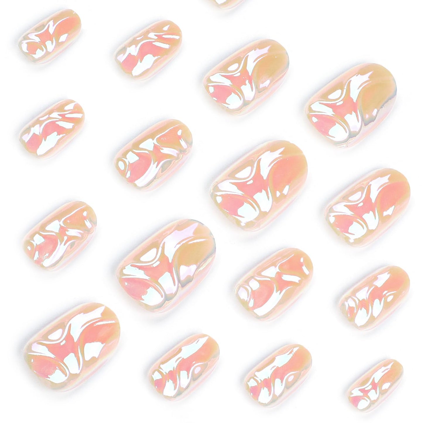 24 Pcs Almond Press on Nails Medium Length French Fake Nails with Aurora Designs Glue on Nails Full Cover Nude Acrylic Nails Summer False Nails 3D Lines Stick on Nails for Women Nail Supplies