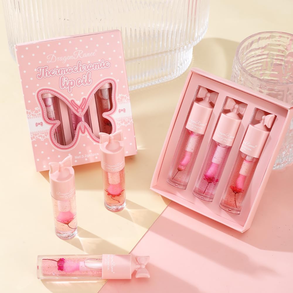 3Pcs Color Changing Lip Oil Set with Flowers & Gold Foil – pH Thermochromic Mood Lip Gloss, Hydrating Magic Lipstick, Long Lasting Moisture Tint Balm, Clear to Pink Color Shift Lipgloss for Women
