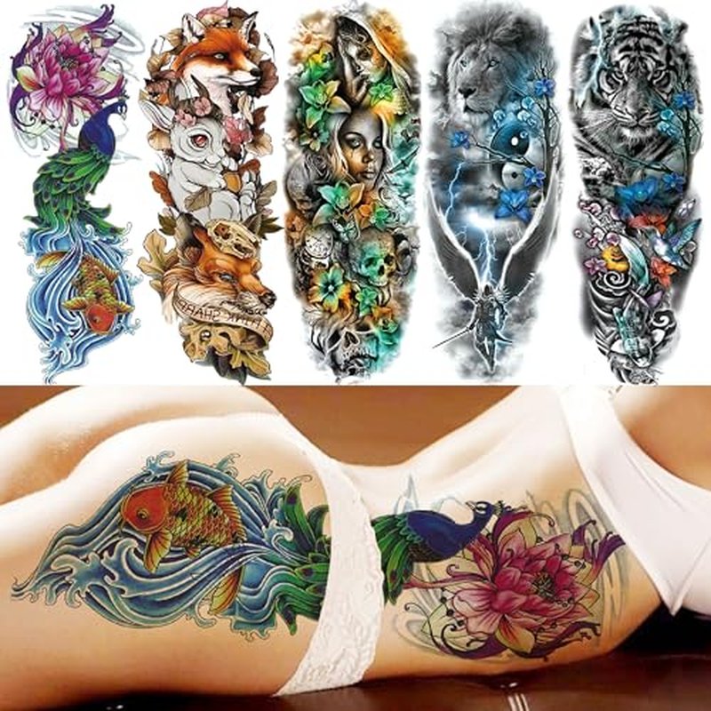 18 Sheets Large Full Arm Temporary Tattoos For Adults, 8 Sheets Peocock Lion Wolf Tiger Compass Flower Fake Sleeve Tattoos For Women Thigh, 10 Sheets Watercolor Rose Half Arm Tatoos Stickers