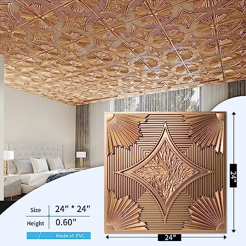 Waterproof 3D Drop Ceiling Tiles - Bronze, 24x24 in, Pack of 12 - Modern Ceiling Decor