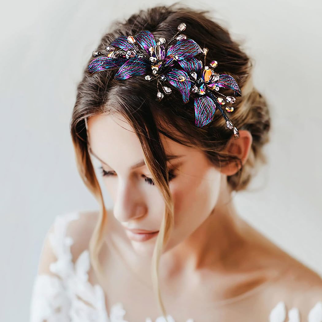 Formery Blue Crystals Bridal Headband Wedding Flowers Bride Hairband Prom Wire Floral Headpiece Hair Accessories for Women