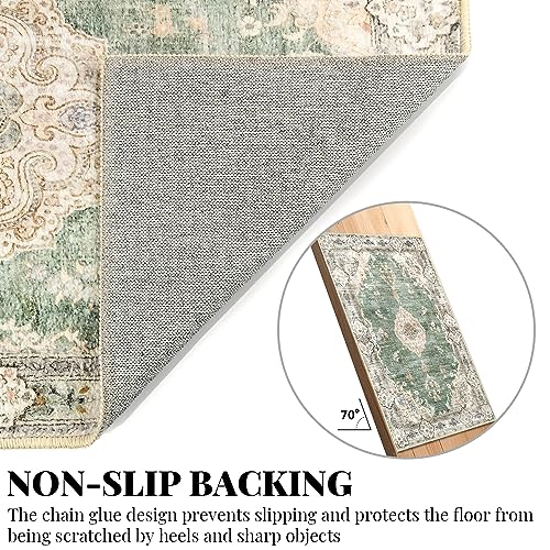 Green 5'x7' Washable Boho Area Rug Non-Slip Low-Pile Floral Accent