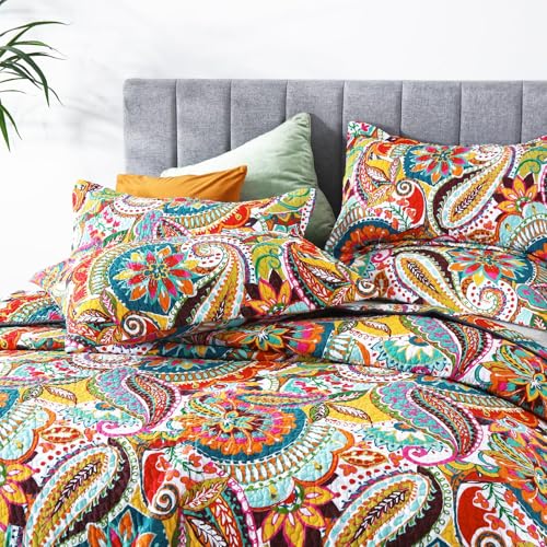 Boho King Size Cotton Quilt Set - Vibrant Paisley Coverlet with Pillow Shams, Variations of Orange, Red, Blue, Yellow, White