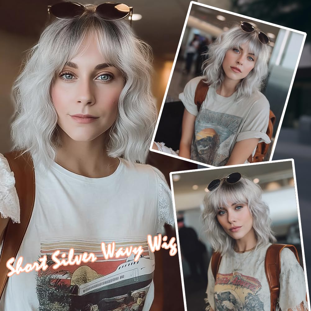 EssionTech Short Silver Wigs for Women Ombre Grey Wavy Bob Wig with Bangs Medium Length Synthetic Hair Water Wave Dark Roots Wig Gray Colorful Wigs（14 Inches）