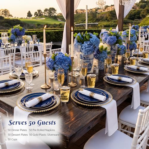 KIRE 350Pcs Blue and Gold Disposable Dinnerware Set - Heavy Duty Plates, Cups, Napkins & Silverware for Parties