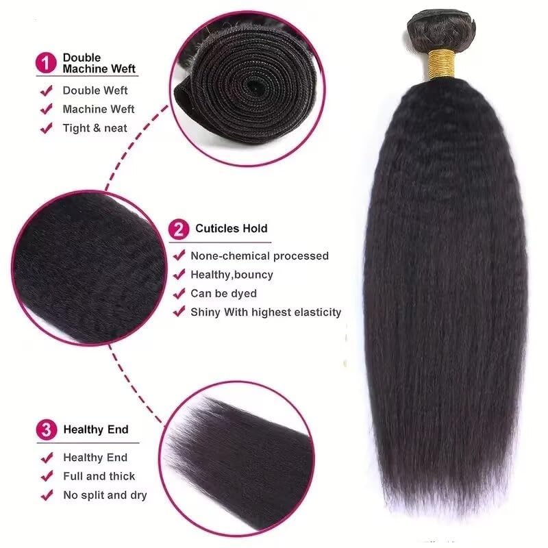 IUTUFTD 12 Inch 1B Kinky Straight Human Hair Bundles Brazilian Virgin Yaki Hair Extensions