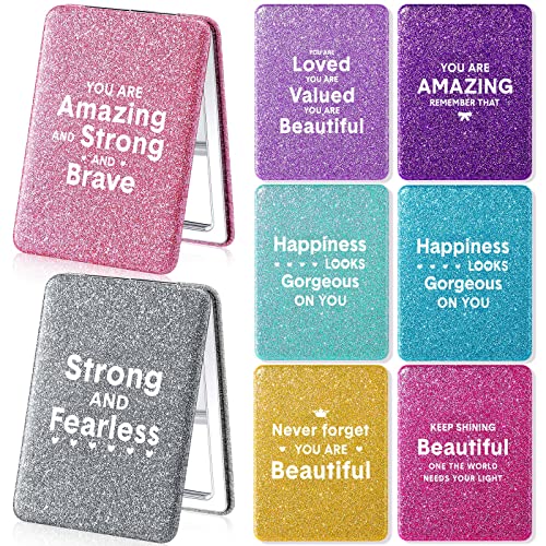Panelee 8 Pcs Inspirational Compact Mirrors Bulk Glitter Square 1x/ 2X Double Sided Cosmetic Pocket Mirror Folding PU Leather Small Women Day Gift for Women Coworker Employee Sisterhood Party Favor